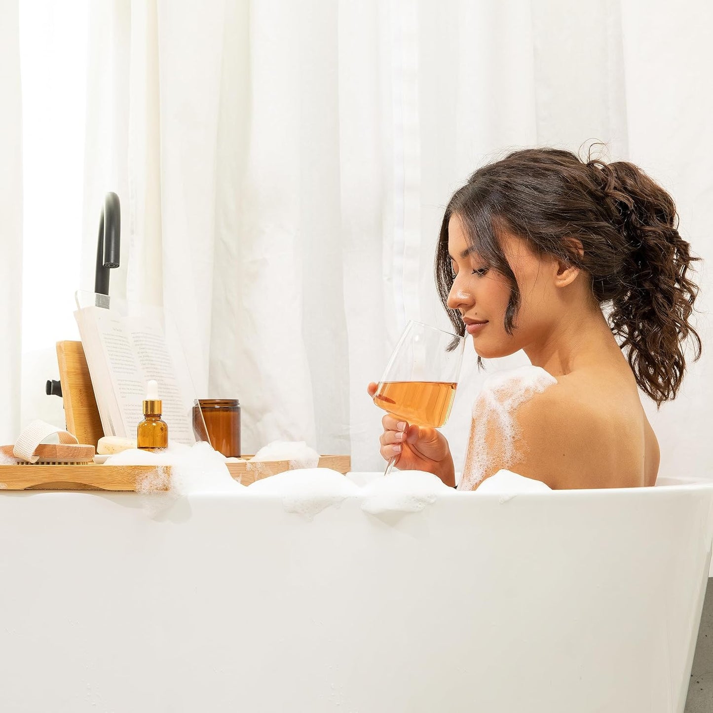 Waterproof Shield Keeps Your Book Open – Extendable Bamboo Bathtub Tray with Wine Glass Holder Protects from Drips and Splashes - Luxury Bath Tub Caddy Tray for Relaxing in The Bathtub