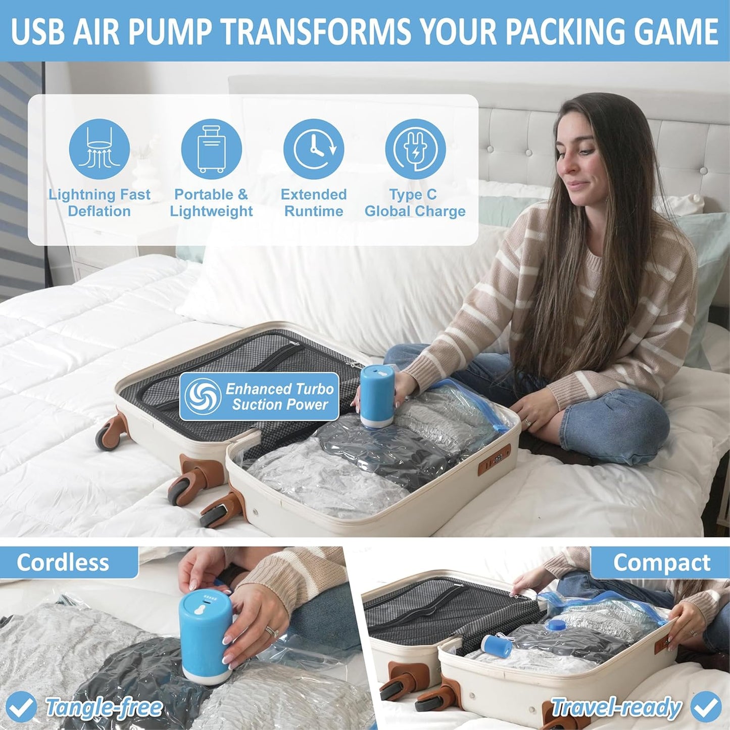 Cozy Essential Travel Vacuum Storage Bags with Portable Electric Pump, Vacuum Seal Space Saver Bags for Clothing and Luggage, 12 Pack