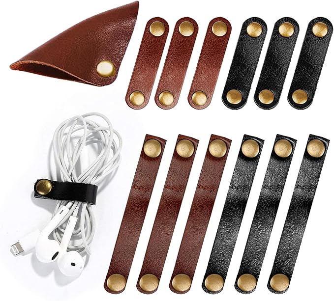 Kanemc 13Pcs Leather Cord Organizer, 3-Sizes Leather Cable Ties Cord Taco Snap On Cord Holders Cord Keepers For Travel, USB Charging Cable Strap Winder Earphone Wrap, Gifts For Women Men