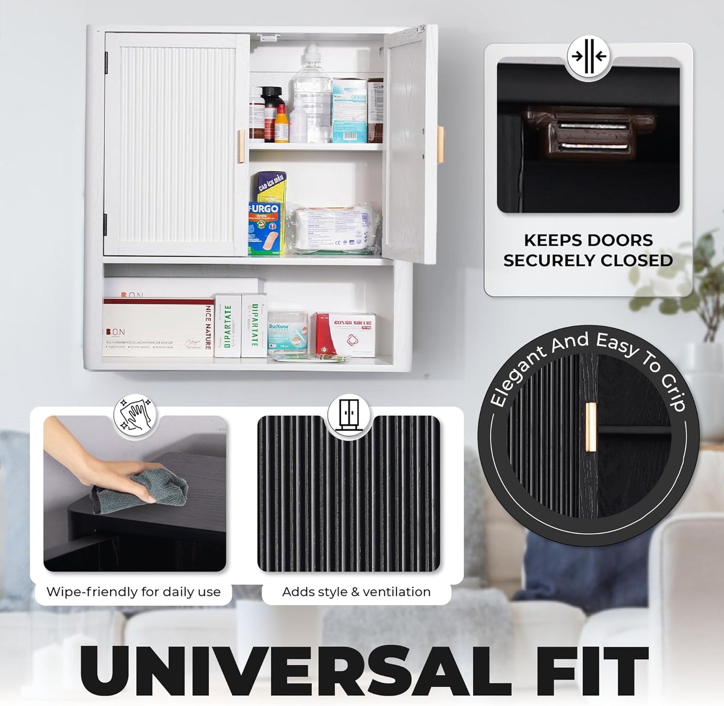 Bathroom Storage Cabinet – Pre-Assembled Wall-Mounted Medicine Cabinet with 2 Doors and Fixed Shelf, Over-The-Toilet Floating Organizer for Bathroom, Living Room, Kitchen, Laundry (White)