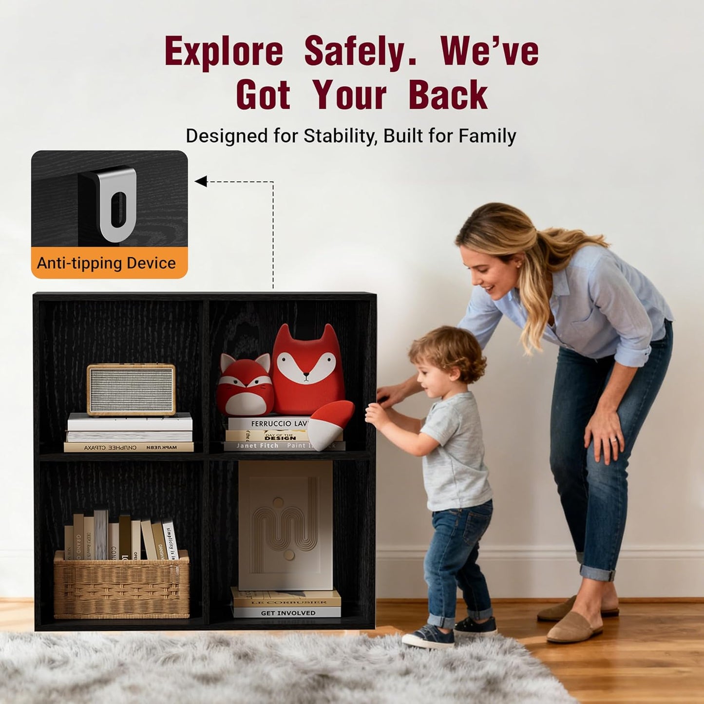 Book Shelf, Wooden Cube Storage Organizer with 11" Open Cubes, Stackable Modular Bookcase for Room Divider Storage, Bookshelf for Living Room, Bedroom, Office (Black, 2-Cube)