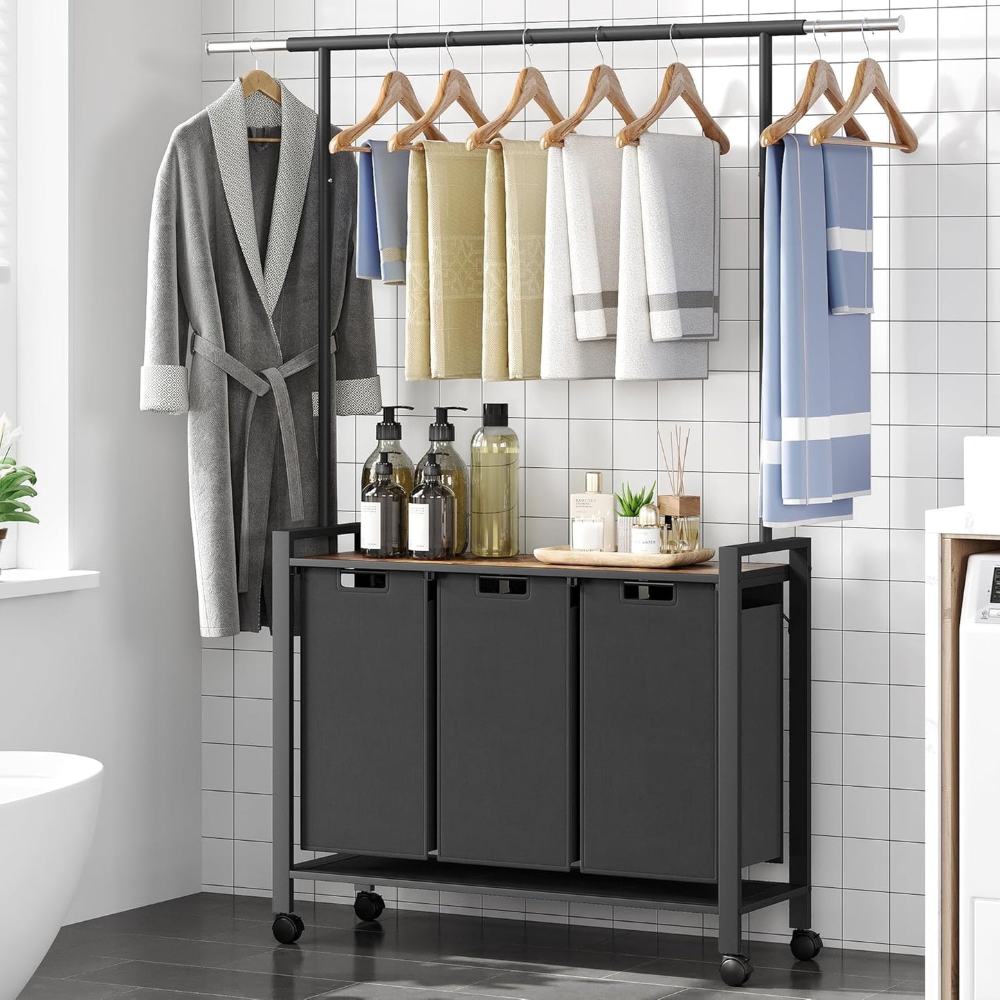 Laundry Sorter 3 Section With Extendable Hanging Bar, Heavy Duty Laundry Basket With Rolling Lockable Wheels And Shelf, Laundry Room Organization And Storage