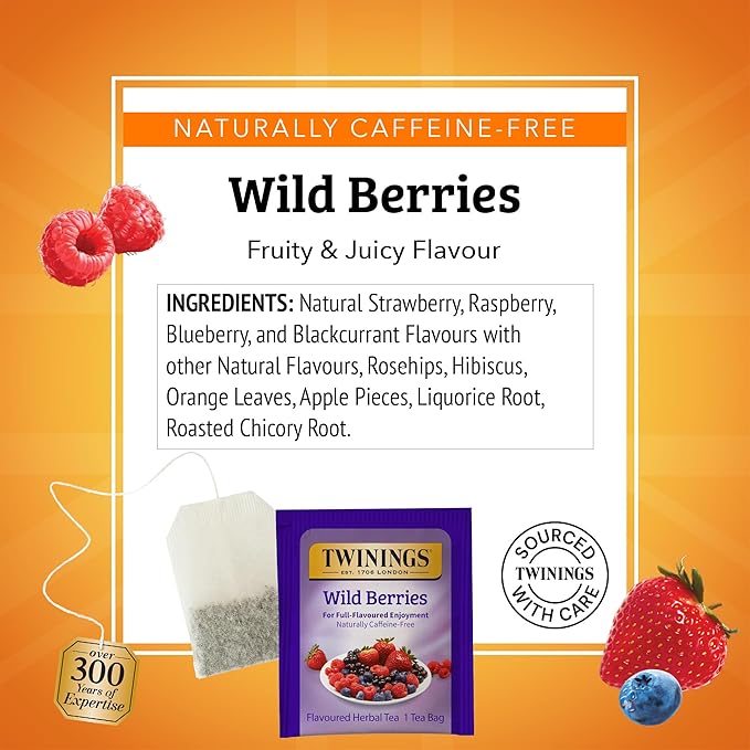 Twinings Wild Berries Herbal Tea Individually Wrapped Bags, 20 Count (Pack of 6), Full-Flavoured, Naturally Caffeine-Free, Enjoy Hot or Iced, 120 Teabags