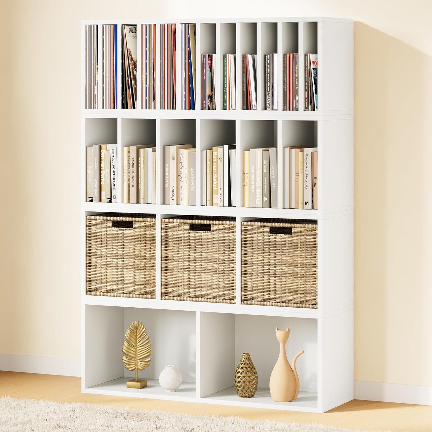 IOTXY DIY Modular Cube Bookcase - CubeXY Customizable Stackable Expandable Combination Set, 23-Cube Open Bookshelf for Books, Fabric Storage Bin, and Vinyl Record Organizer, White