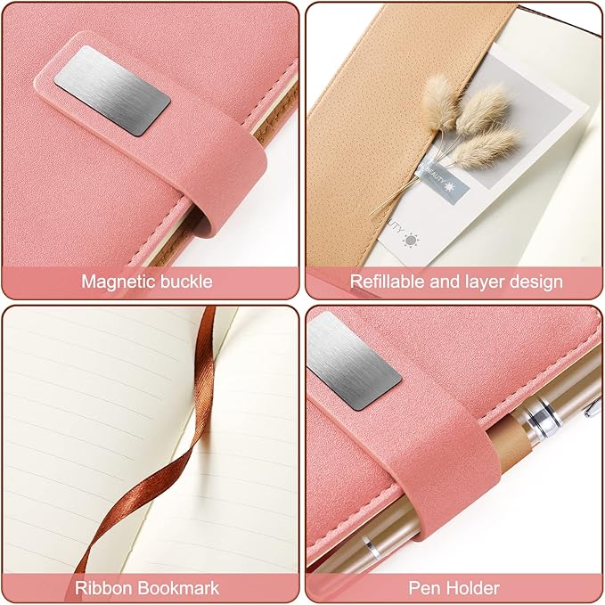 A5 Lined Leather Notebook and Pen Set with Gift Box, 243 Pages Refillable Journal with Pocket and Magnetic Buckle, Hardcover Daily Diary for Men and Women Business Travel Personal Writing- Pink
