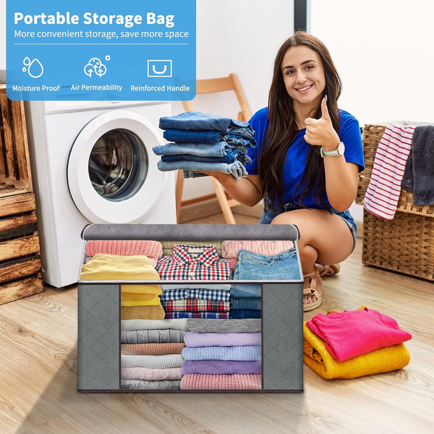Budding Joy Clothes Storage, Foldable Large Blanket Bags, Storages and Organization for Clothing, Blanket, Comforter, Clothes, Pillows, Toys, Closet Organizers with Enhanced Handle, 60L 8 Pack