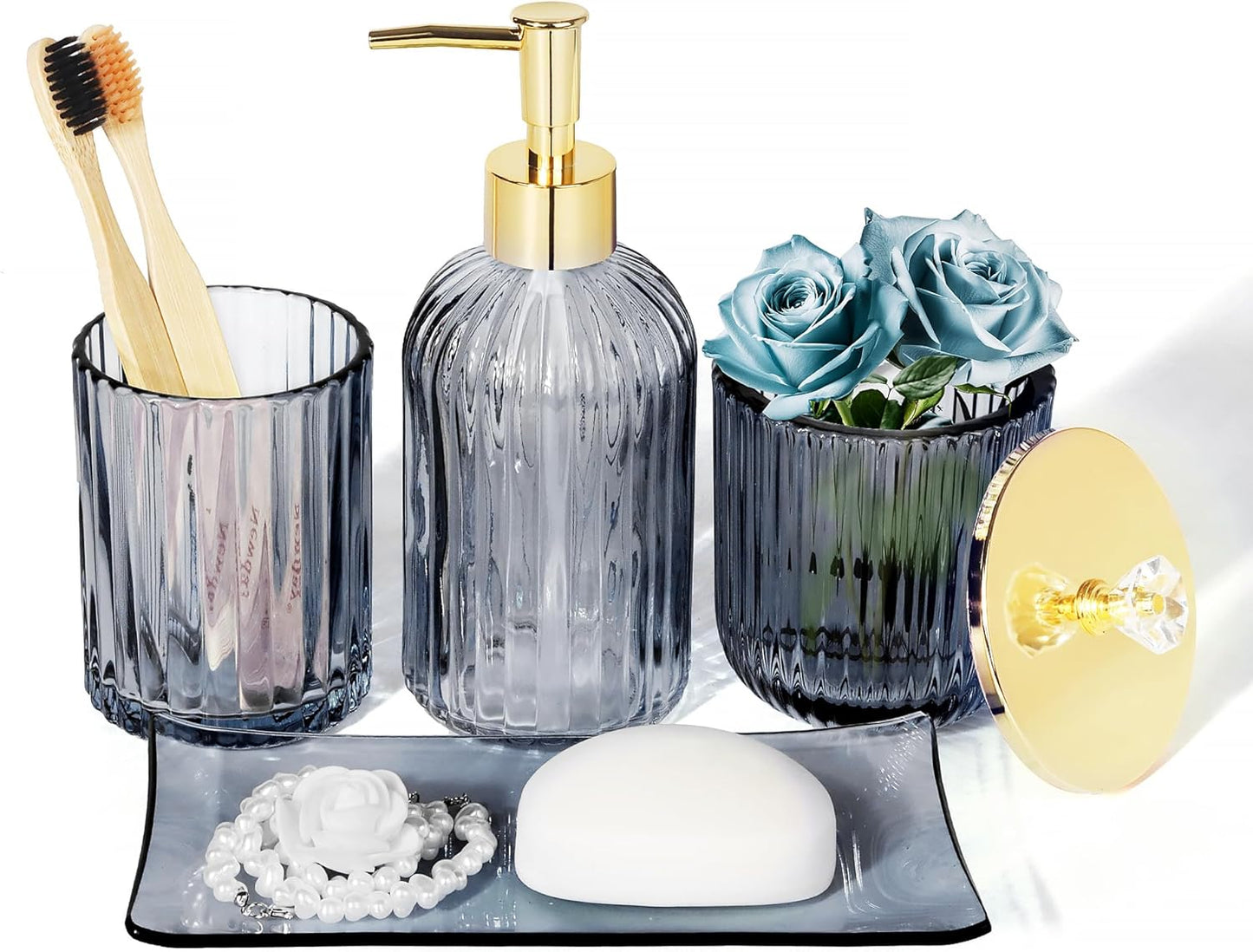 Designer Blue Glass Bathroom Accessories Sets - 4 Pcs with Lotion Soap Dispenser, Bathroom Toothbrush Holder, Vanity Tray, and Apothecary Jar, Vintage Bathroom Decor, Gift Countertop Organizer