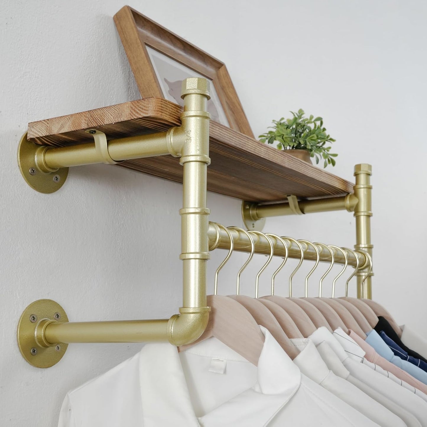 WEBI Wall Mounted Clothes Rack with Shelf,24" Industrial Pipe Clothing Rack with Shelf with Hanging Rod,Heavy Duty Iron Garment Rack Bar,Retail Display Clothes Rod for Laundry Room,Closet,Gold