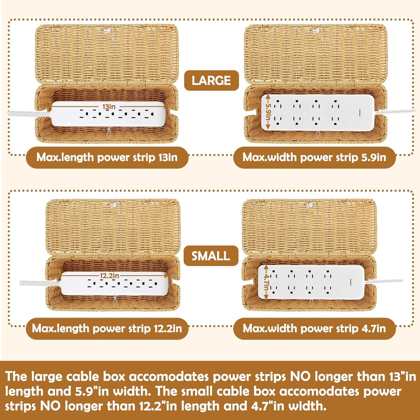 2PCS Cable Management Box, Handmade Rattan Cable Organizer, Open Slots Cords Hider Box Cord Basket Under Desk Cord Organizer for Computer Router USB Hub & Power Strip