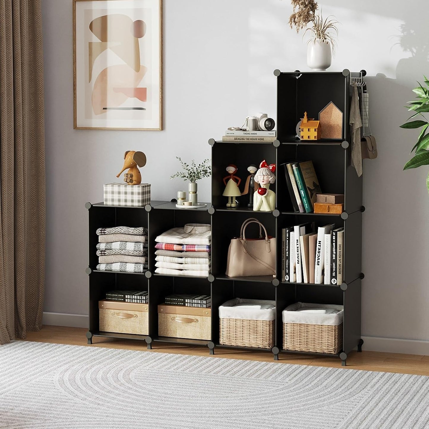 AWTATOS Cube Storage Organizer Closet Storage Shelves DIY Stackable Plastic Storage 12 Cube Bookshelf, Ideal Storage Organizer for Closet, Home, Bedroom, Black