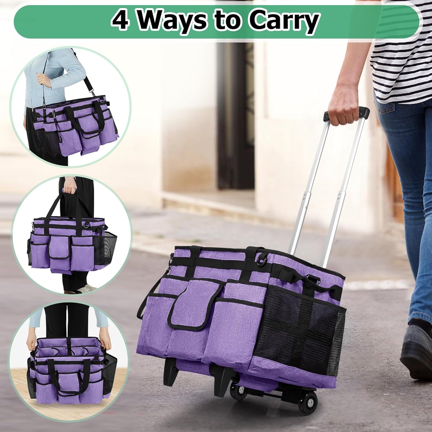 LoDrid Rolling Cleaning Bag with Detachable Trolley, Professional Cleaning Caddy with Shoulder Strap for Housekeepers, Portable Cart on Wheels for Supplies, Purple (Patent Design)
