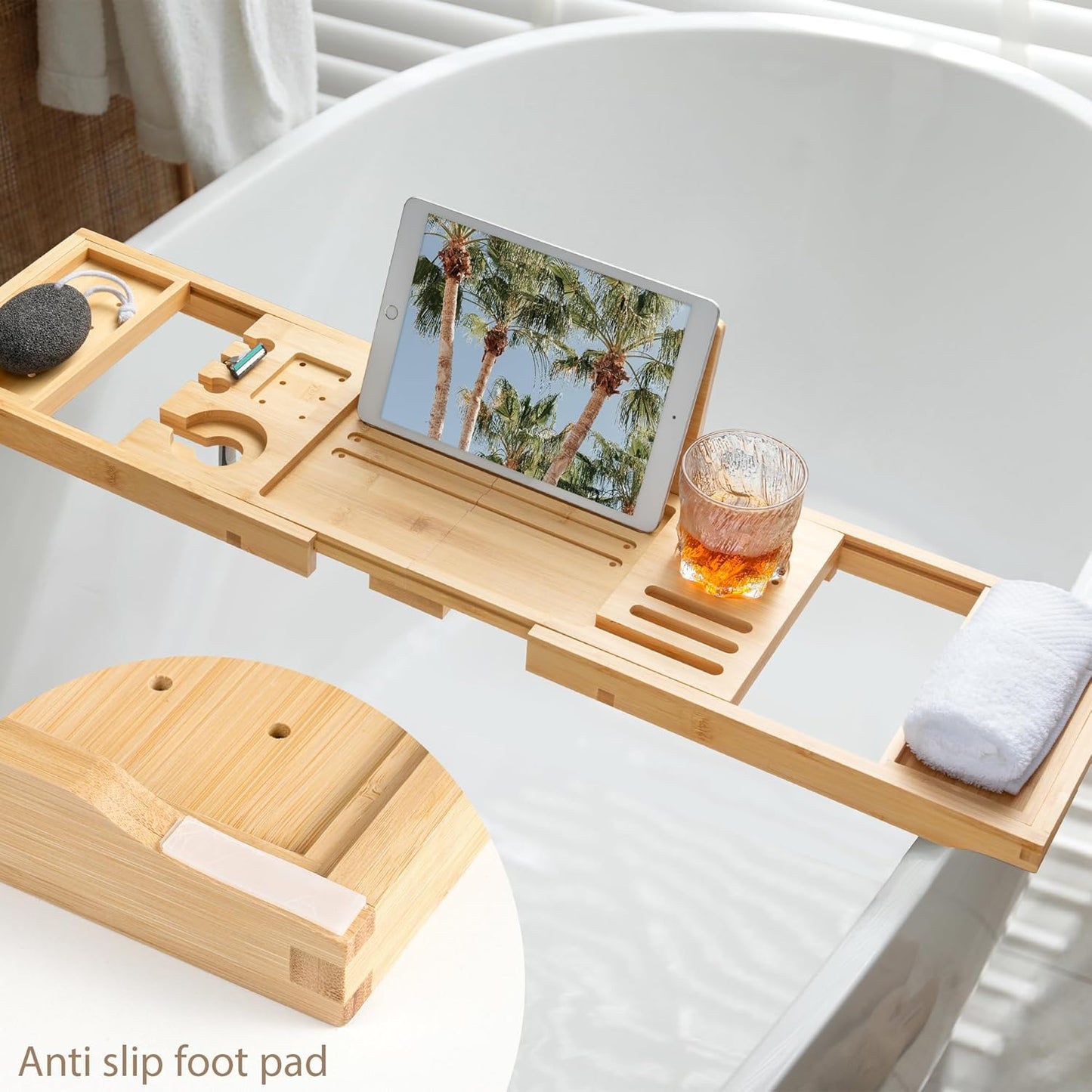 Bamboo Bathtub Tray | Splash-Proof Adjustable (28-40 Inch) | Non-Slip Pads, Wine Holder & Tablet Stand | Bath Relaxation & Reading Essentials