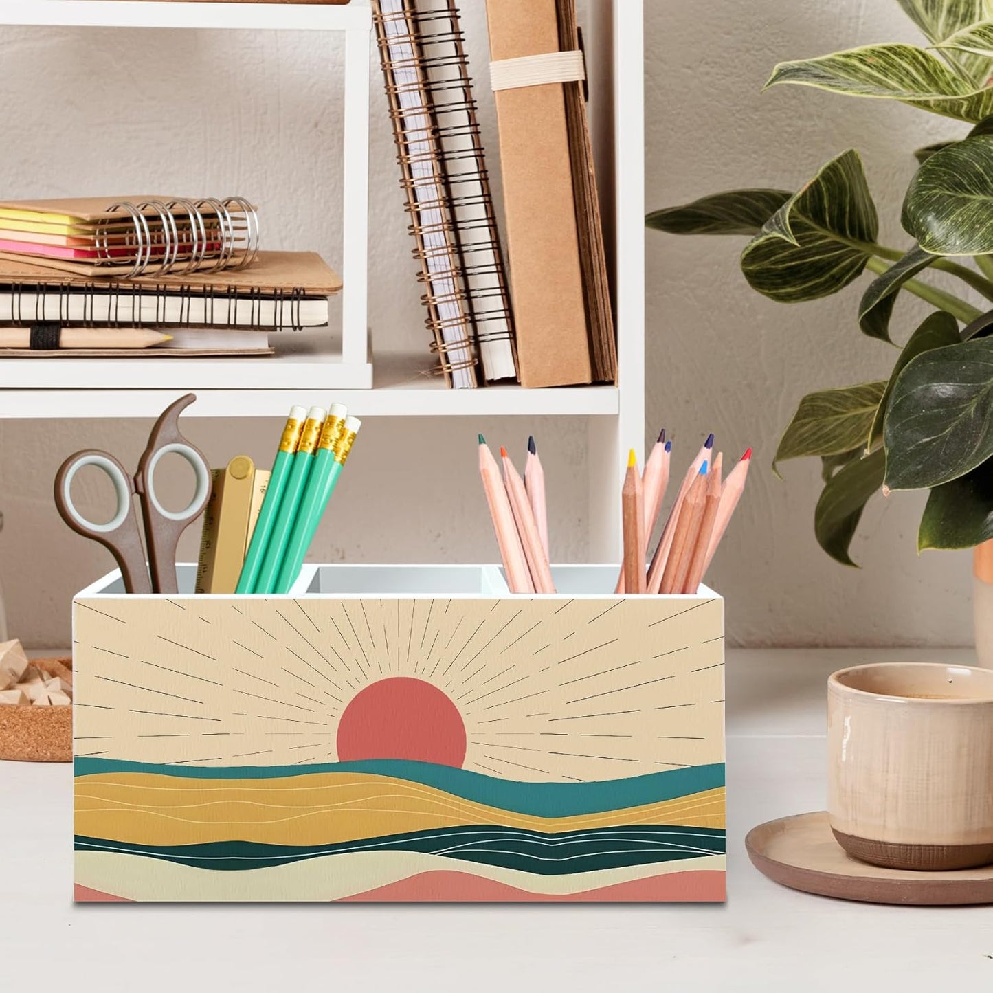 DILSJ Boho Abstract Sunshine Pen Pencil Holder Organizer for Desk, Boho Office Decor, Mid Century Modern Minimalist Sunshine Landscape Wooden Box Signs for Home Office Desk Tabletop Decoration