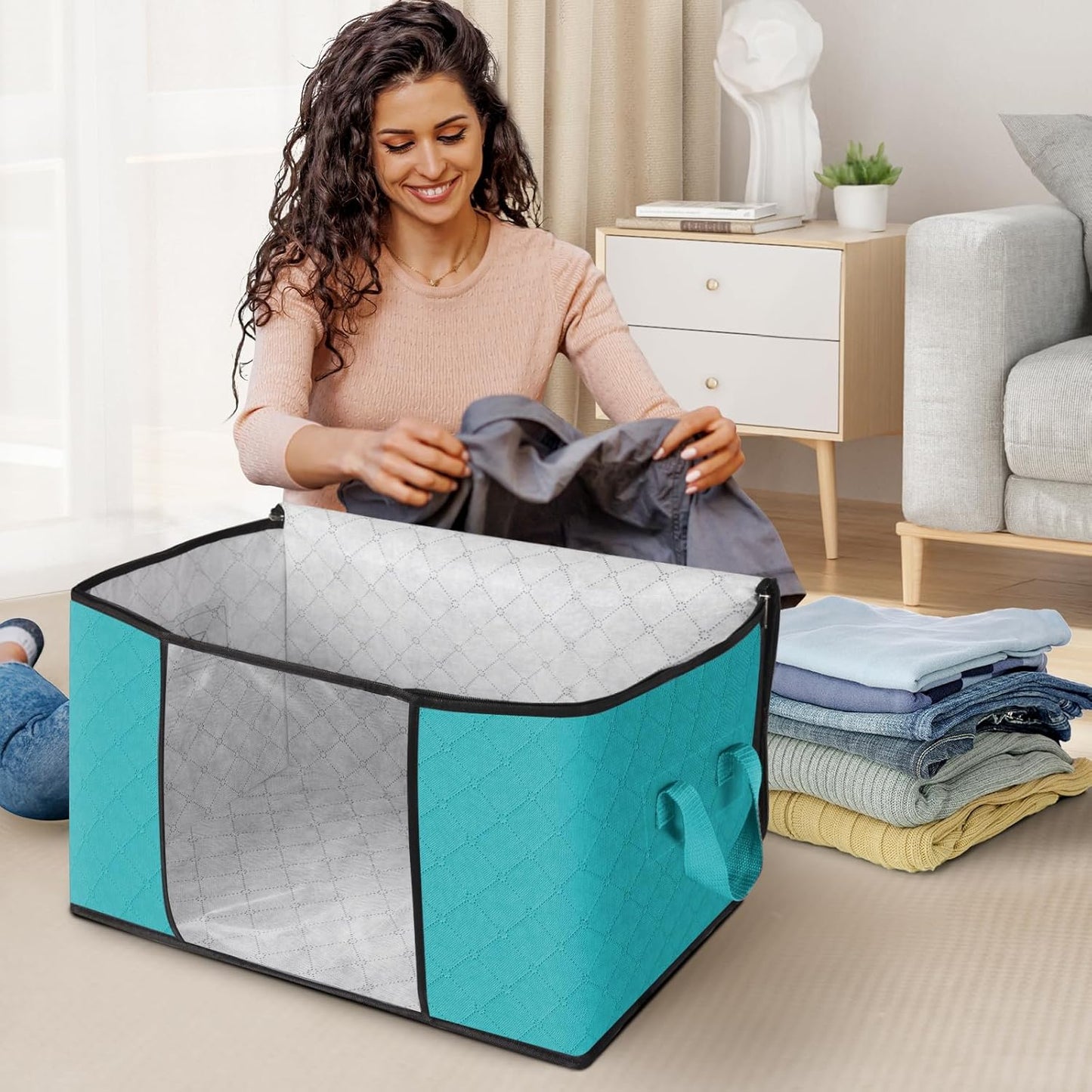 Fab totes Storage Bags,Clothes Blanket Storage Bins Foldable Closet Organizers with Reinforced Handle for Home Dorm Storage and Organization,Fabric Bags for Organizing Sheets,Clothing (Green,10 Pack)