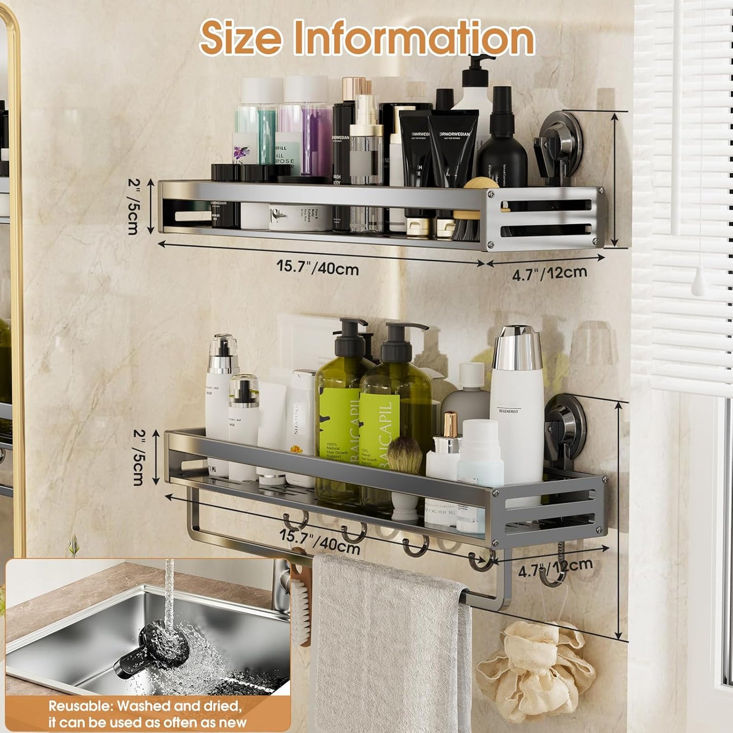Shower Caddy Suction Cup, 15.7 inch 2 Pack suction shower shelf with Hooks NO-Drilling Bathroom Holder, Rustproof bathroom organizer, Dark Grey