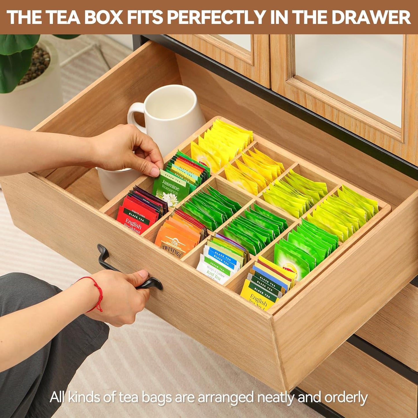 KIRIGEN Wood Tea Organizer 12 Compartments Tea Bag Holder Wooden Coffee Storage Box for Home and Office CYH12-NA
