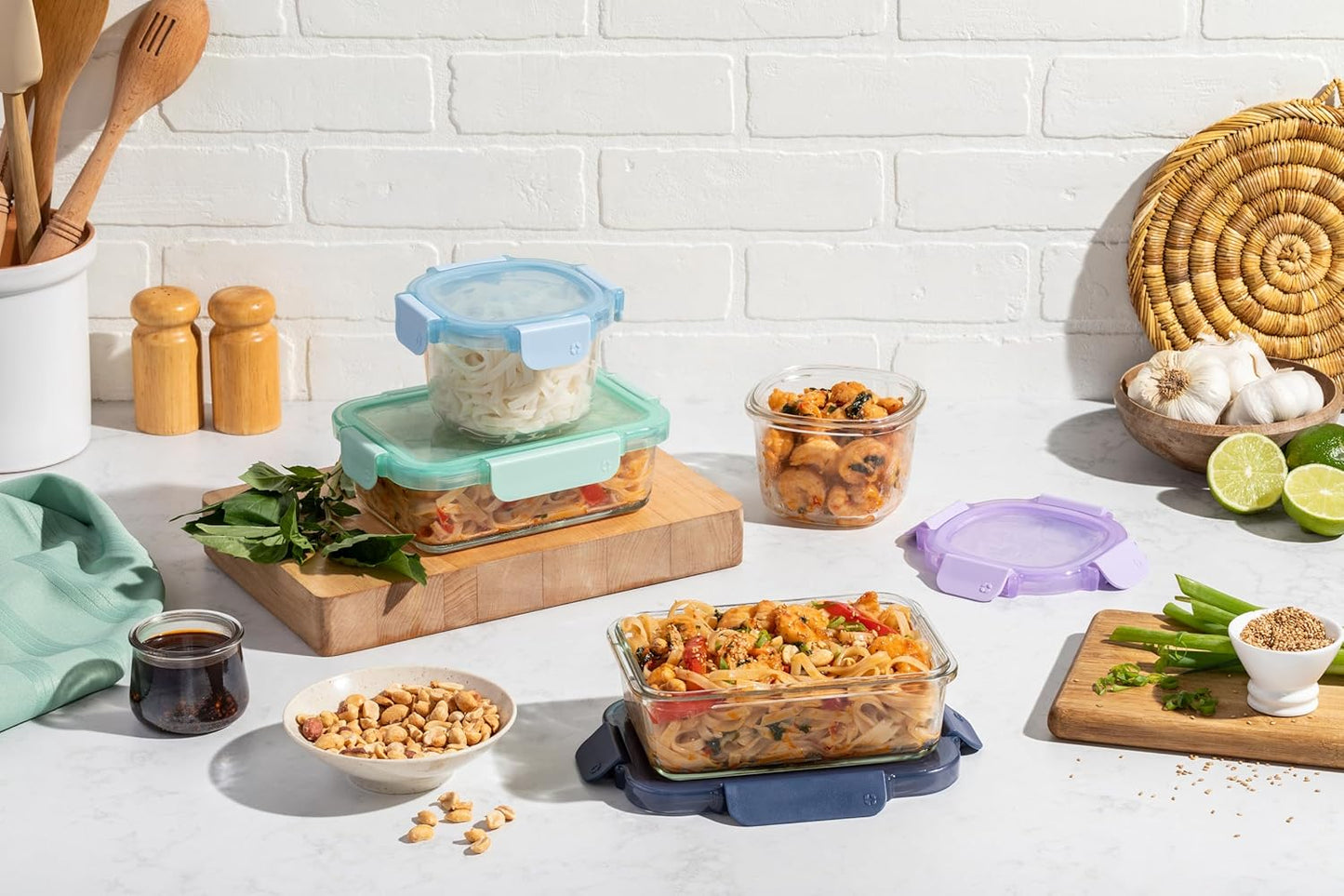 Ello Color Lock 8PC Mixed Glass Food Storage Sets, Leak-Proof Glass Food Storage Containers with Airtight BPA-Free Plastic Lids, Dishwasher, Microwave, and Freezer Safe, Purple Rain