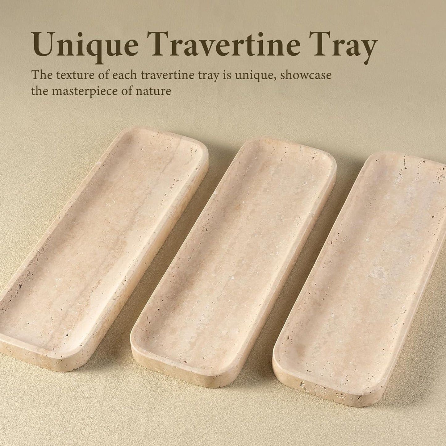 Koville Travertine Tray for Bathroom Sink, 12"x4" Natural Stone Vanity Tray for Kitchen Dresser Countertop, Rectangular Decorative Marble Tray for Jewelry Perfume Trinket(Beige)