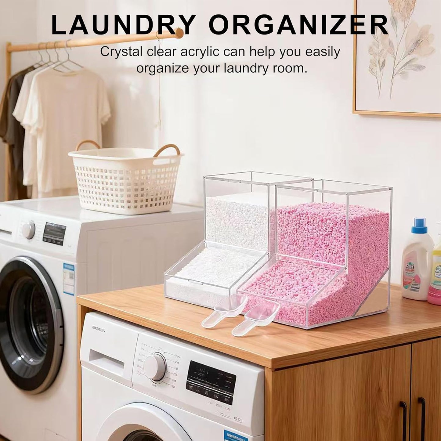 Laundry Detergent Container 2 Pack, Laundry Detergent Dispenser with 2 Spoon, Acrylic Laundry Powder Container for Storage of Scent Booster Beads, Coffee Capsules and Candies, White