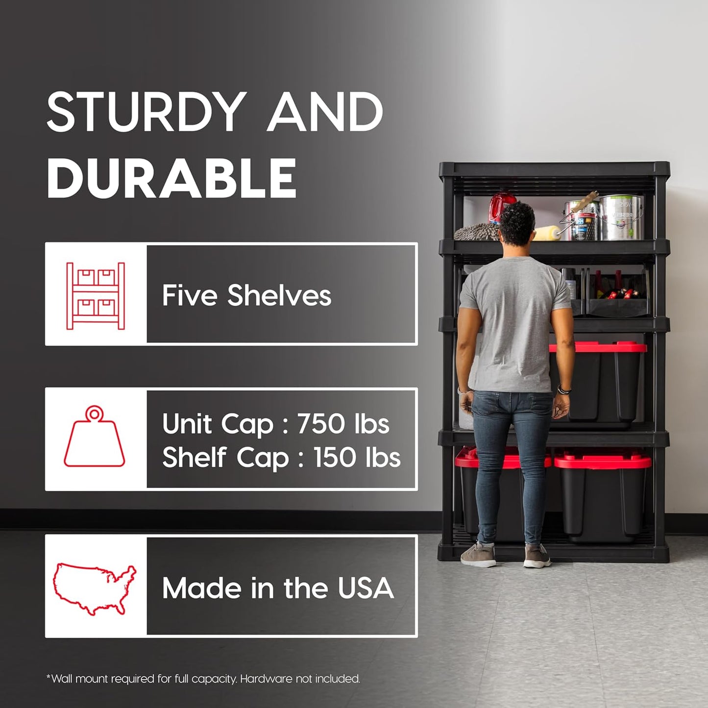 IRIS USA 5-Shelf Heavy Duty Plastic Storage Shelves, 750lb Capacity, 68" H x 36" W x 18" D, Large Modular Shelving Unit Storage Organizer for Garage, Home, Warehouse & Gym, Storage Rack - Black