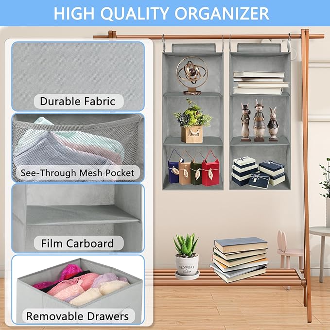 punemi 3-Shelf Hanging Closet Organizer, 2 Pack Closet Hanging Organizer with Drawers, Foldable Hanging Closet Shelves for Rv, Camper, Locker, 22.8" D x 11" W x 11" H, Grey