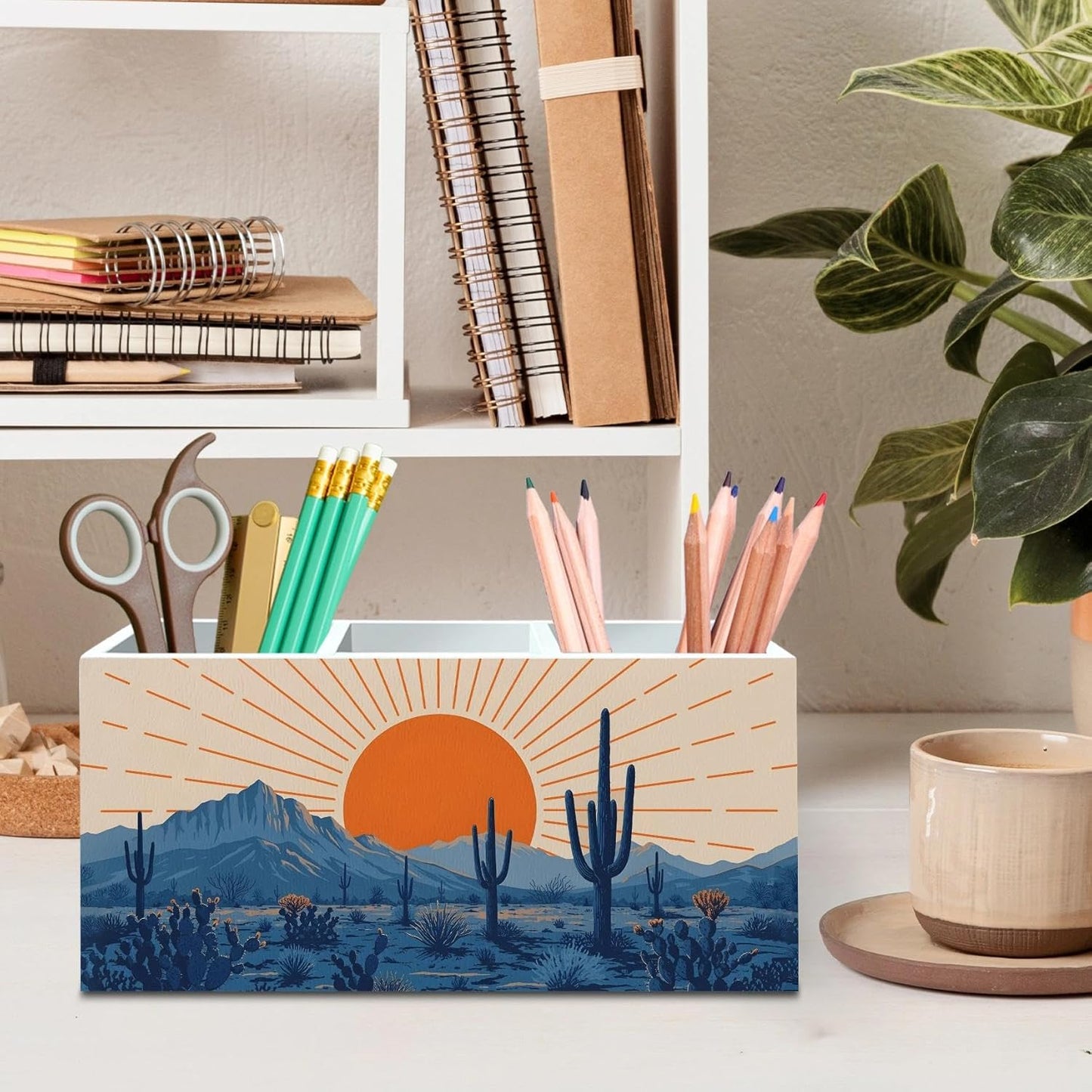 DILSJ Western Boho Pen Pencil Holder Organizer for Desk, Boho Office Decor, Abstract Sunshine Western Desert Cactus Landscape Wooden Box Signs for Home Office Desk Tabletop Decoration