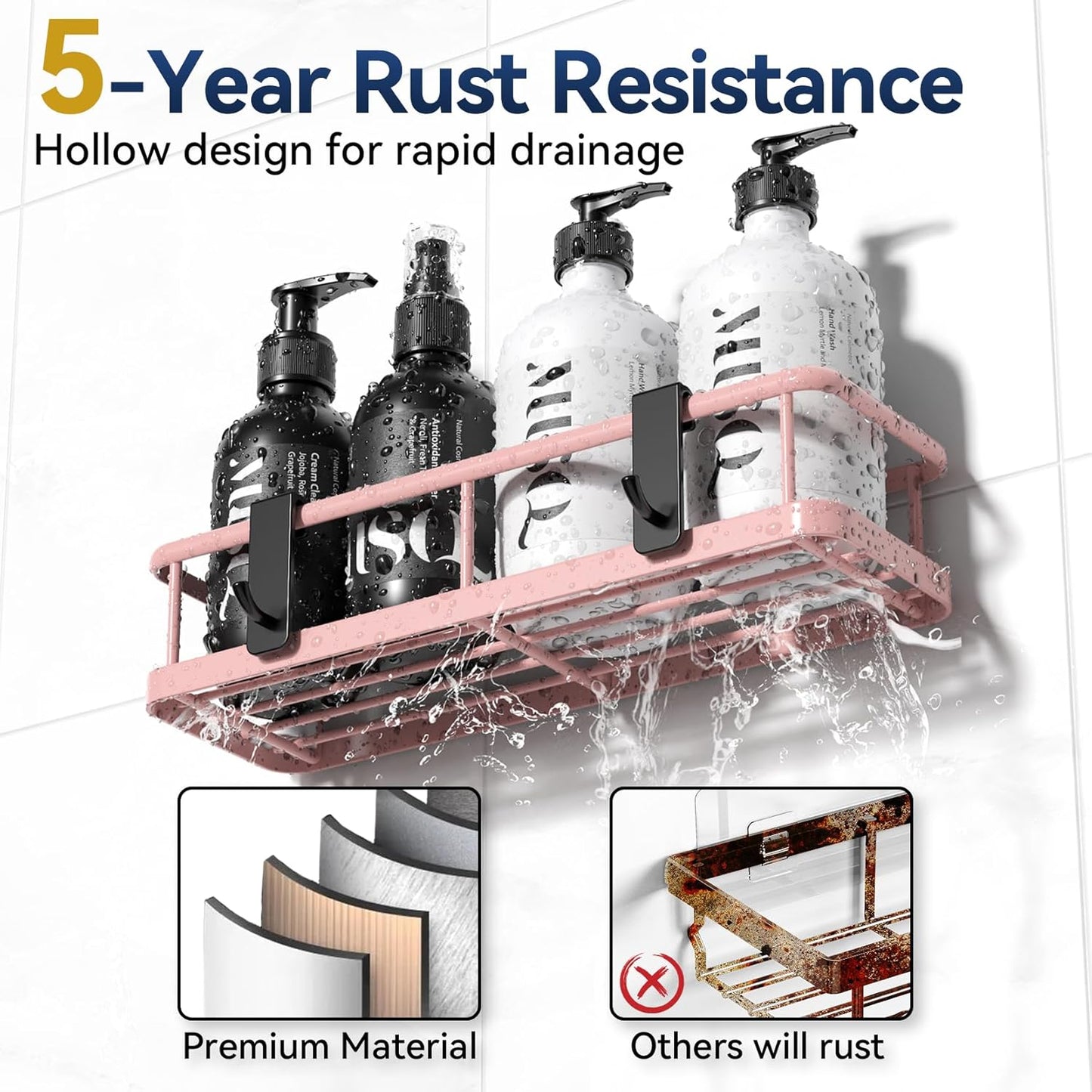 YASONIC Shower Caddy Adhesive, No Drill Bathroom shower Organizers, with Removable Hooks and Soap Holder, Rust Proof Shower Shelves, Wall-Mounted Shower Holder, 3 Pack, Pink