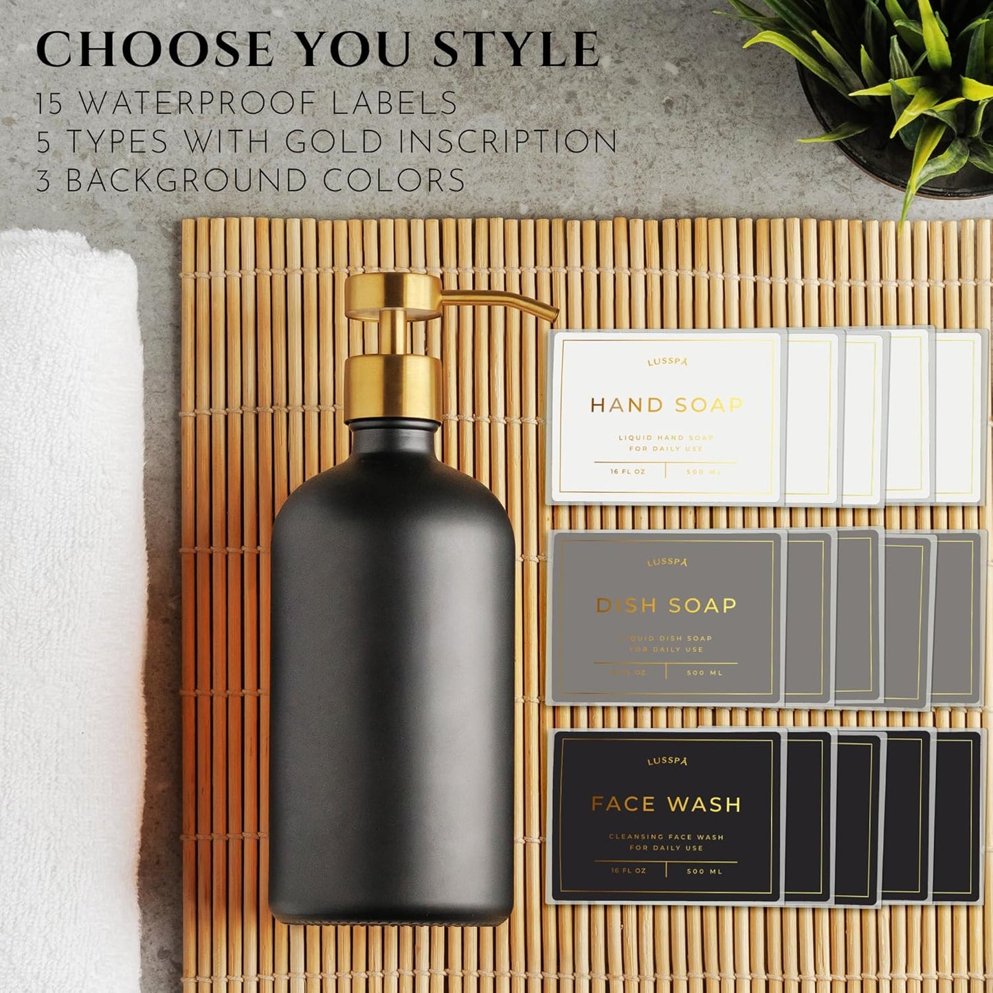 Lotion, Hand & Dish Soap Dispenser for Kitchen Sink - Bathroom Soap Dispenser Set of 2 16.8 Oz Glass Bottles with Stainless Steel Pump, 15 Water Proof Labels & Silicon Tray (Black/Gold)