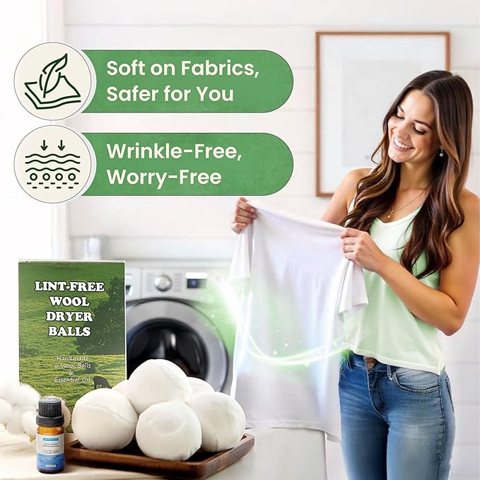 Wool Dryer Balls - Lint-Free - 6XL Pack - 1000+ Loads - Premium Natural Fabric Softener - Reduces Drying Time & Static - Includes Essential Oil - with Storage Bag