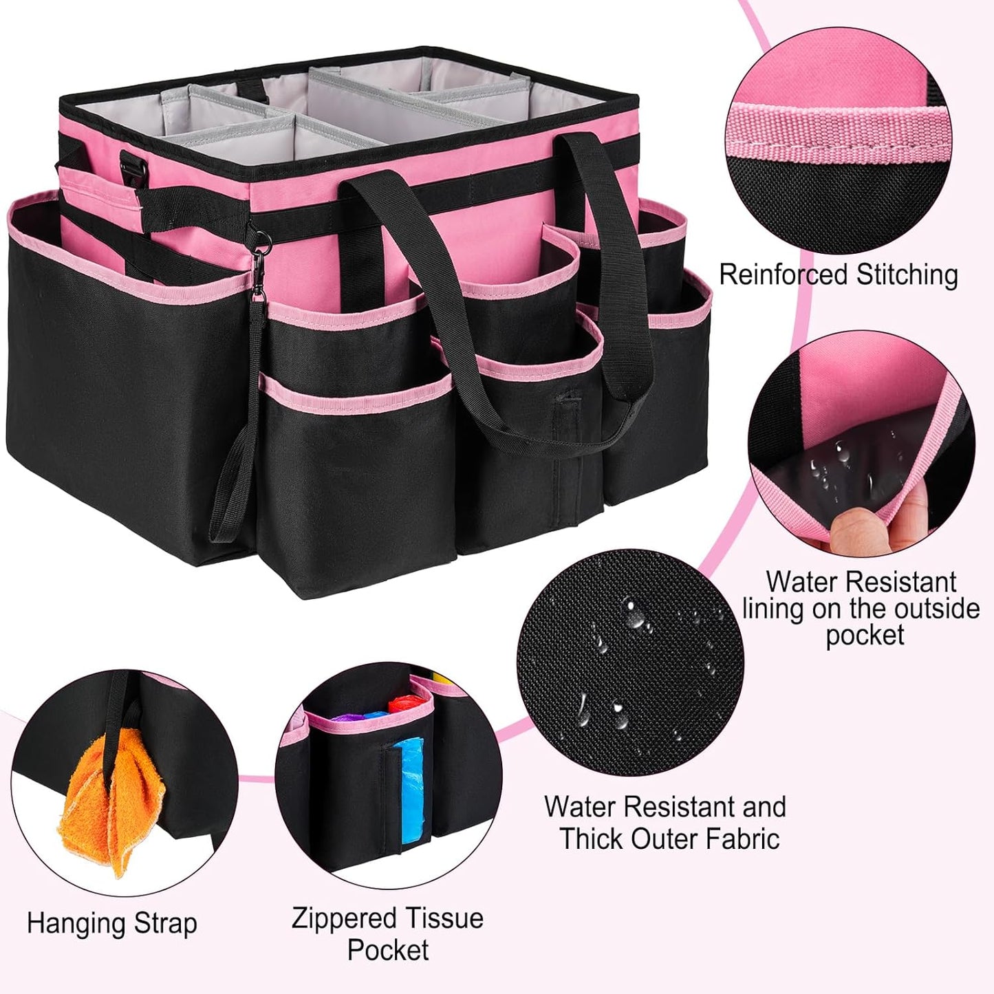 Large Rolling Cleaning Caddy Bag with Detachable Trolley,Cleaning Cart on Wheels with Shoulder Strap,Cleaning Supplies Organizer for Housekeepers,PInk
