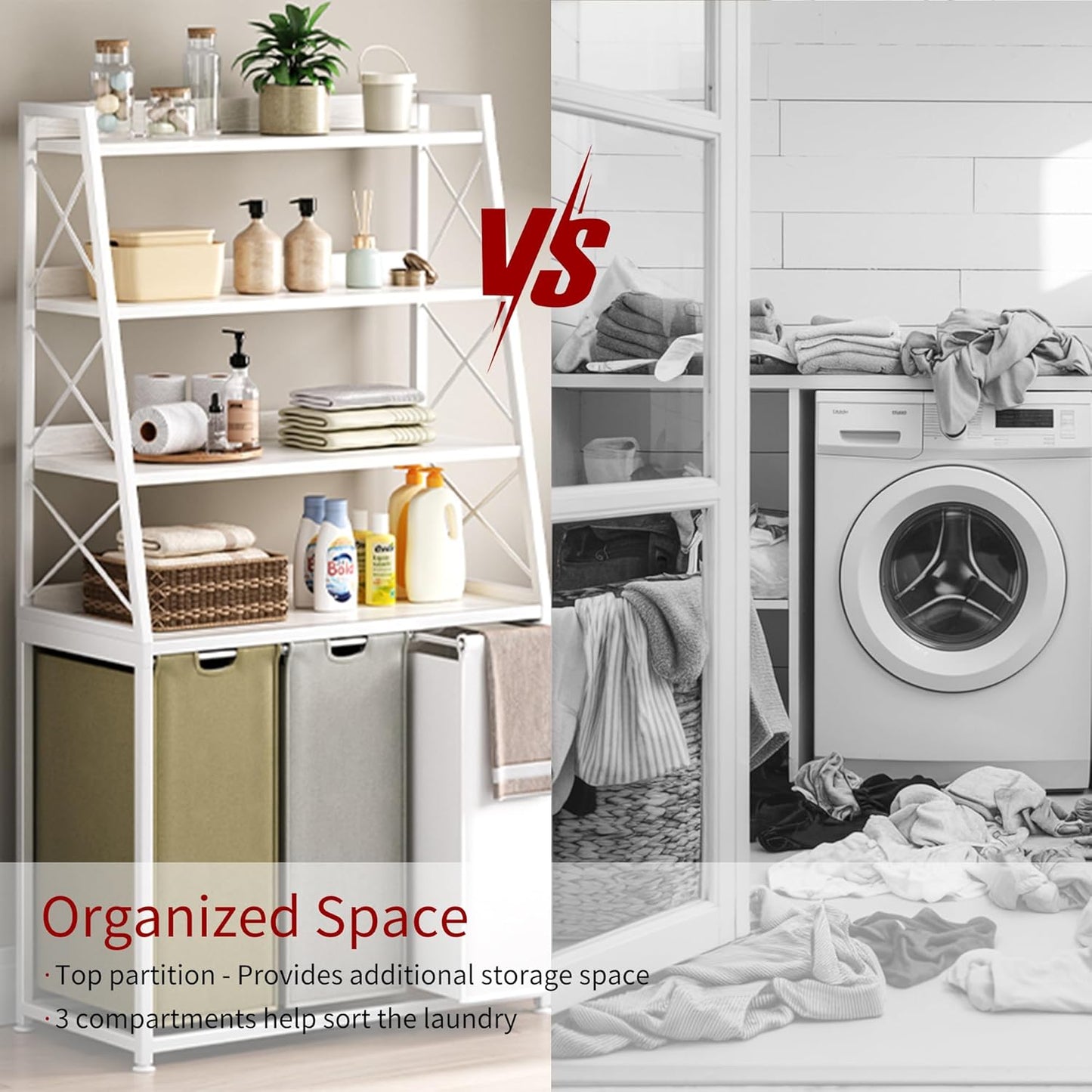 Laundry Basket, 3 Section Laundry Hamper with 4 Tiers Shelf, Pull-Out and Removable Laundry Bags, Large 3 x 15.87 Gallons, 3 Color Bags for Laundry Room Bathroom White PF05XLE