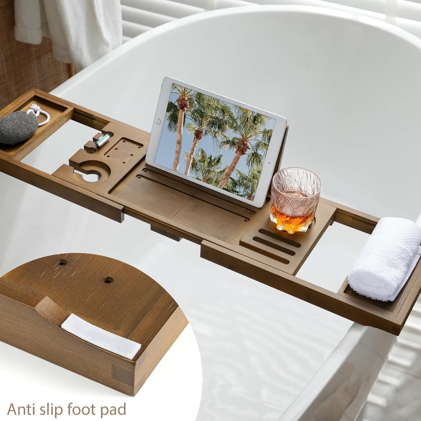 Bamboo Bathtub Tray Caddy - Splash-Proof Adjustable (28.5-40") with Wine Holder, Tablet Stand & Non-Slip Grip | Spa-Grade Organizer for Bath Essentials & Reading- Walnut