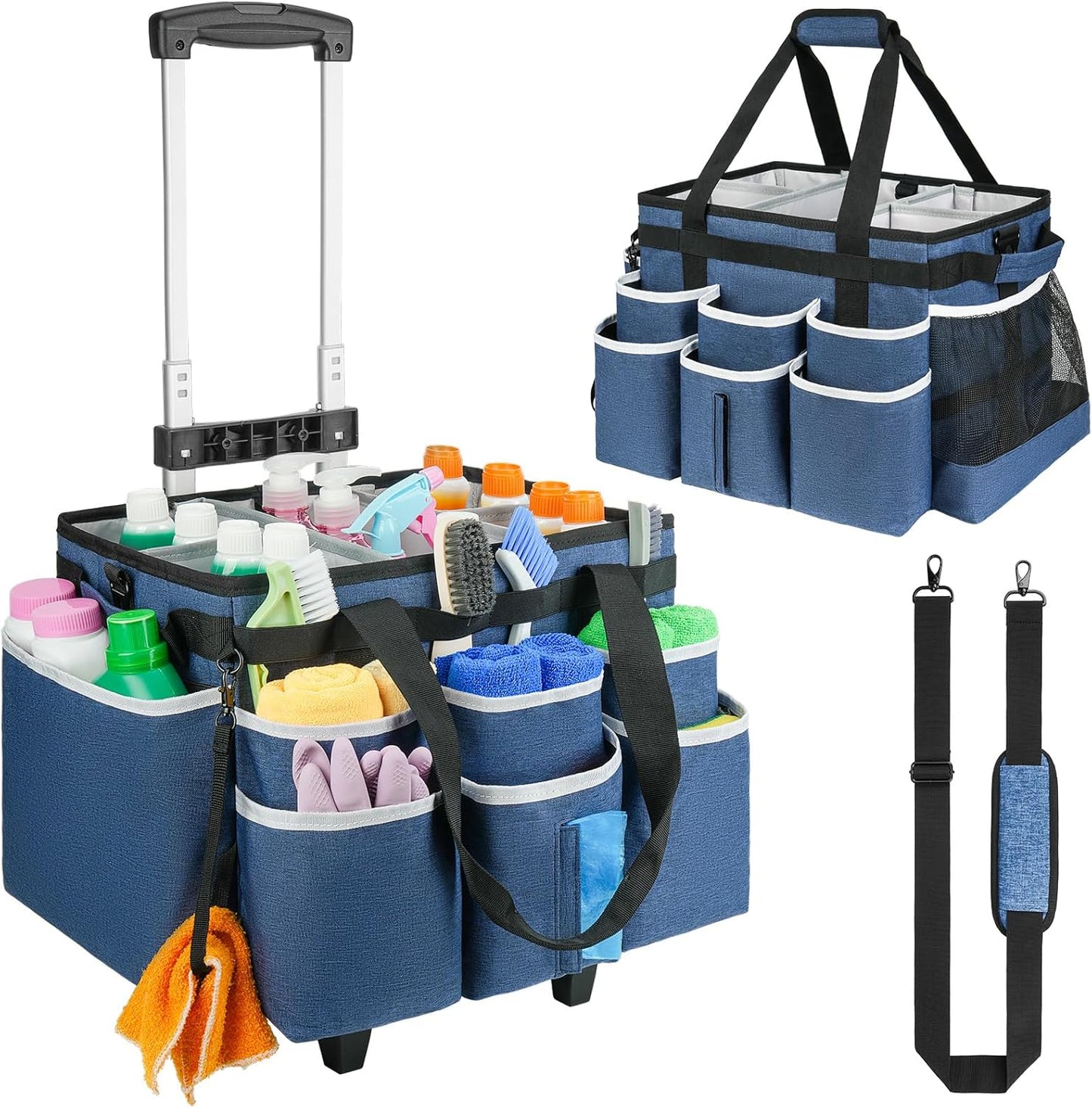 Large Rolling Cleaning Caddy Bag with Detachable Trolley,Cleaning Cart on Wheels with Shoulder Strap,Cleaning Supplies Organizer for Housekeepers,Blue