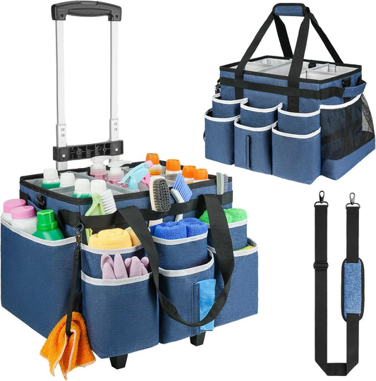 Large Rolling Cleaning Caddy Bag with Detachable Trolley,Cleaning Cart on Wheels with Shoulder Strap,Cleaning Supplies Organizer for Housekeepers,Blue