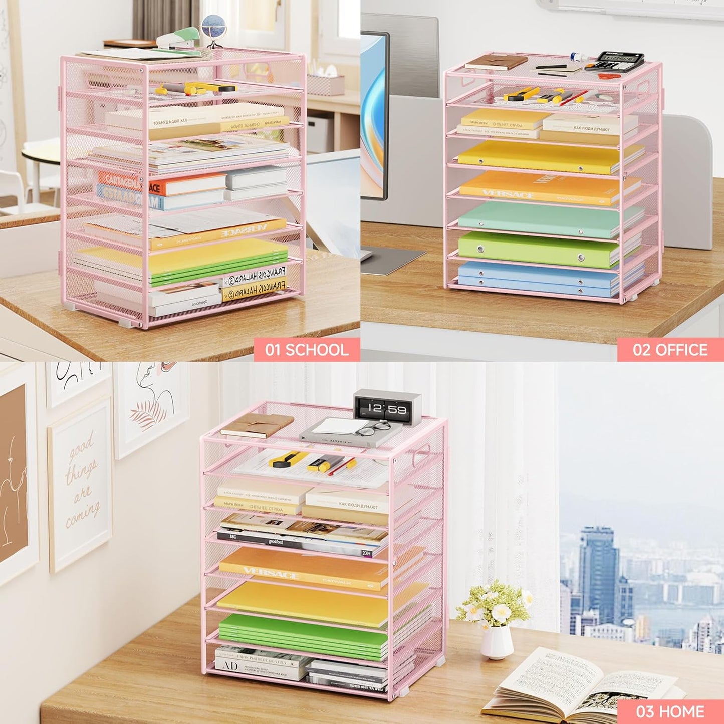 Paper Organizer with Handle Metal Mesh File Sorter Large Capacity Desk Organizers Paper Letter Tray Desktop Document Sorter for Office or Home2 Pack 8 Tier Pink Storage for Desk