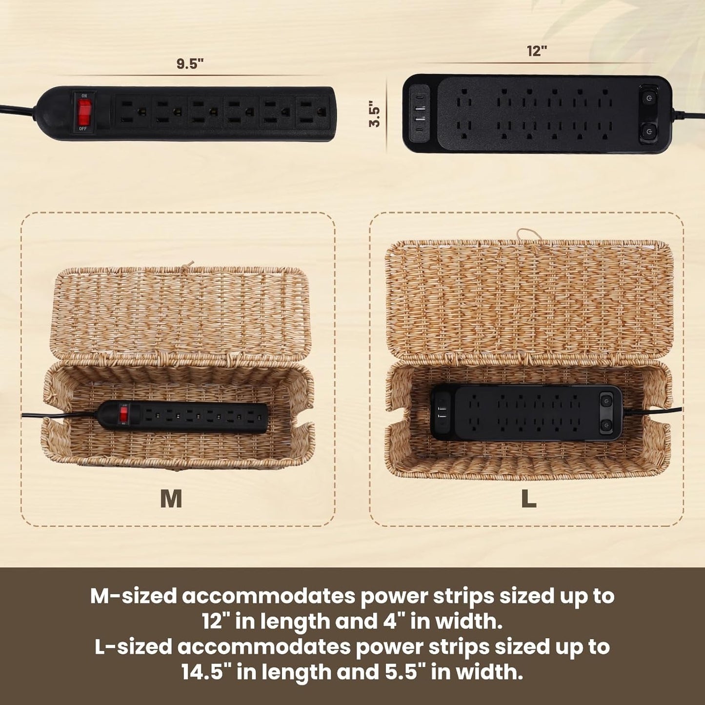 BROWNLILY Cable Management Box, Rattan Style Cord Organizer for Desk Cord Hider Outlet Covers Baby Proofing for Power Strip TV PC Router Charger Under Desk Storage with Lockable Lid and Cable Ties