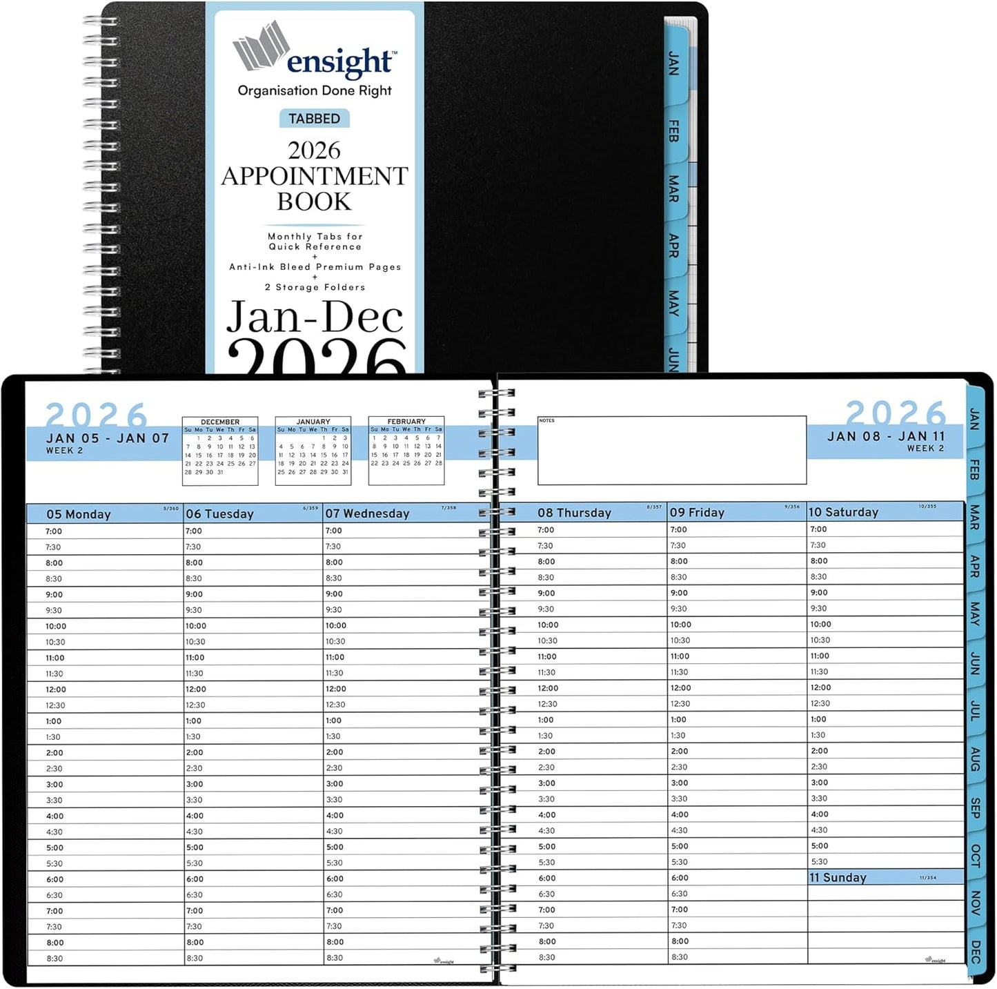 Ensight 2026 Appointment Book and Planner 6.5" x 8.5" Large Hourly Weekly Daily Schedule Book with Tabs, 30 Minute Time Slots, Blue Calendar Organizer Jan 2026–Dec 2026 Appointment Planner - Blue