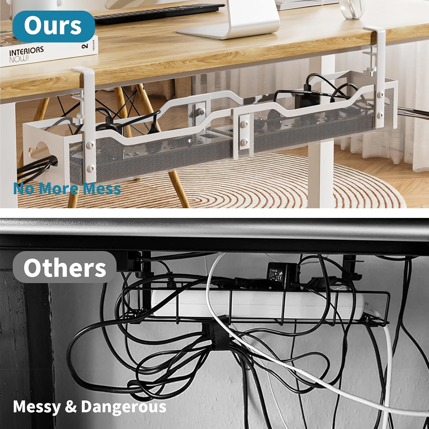 Under Desk Cable Management Tray White, Litwaro Cable Management Under Desk No Drill, 25'' Cable Tray with Clamp for Wire Management, Cord Organizer for Office, Home - No Damage to Table