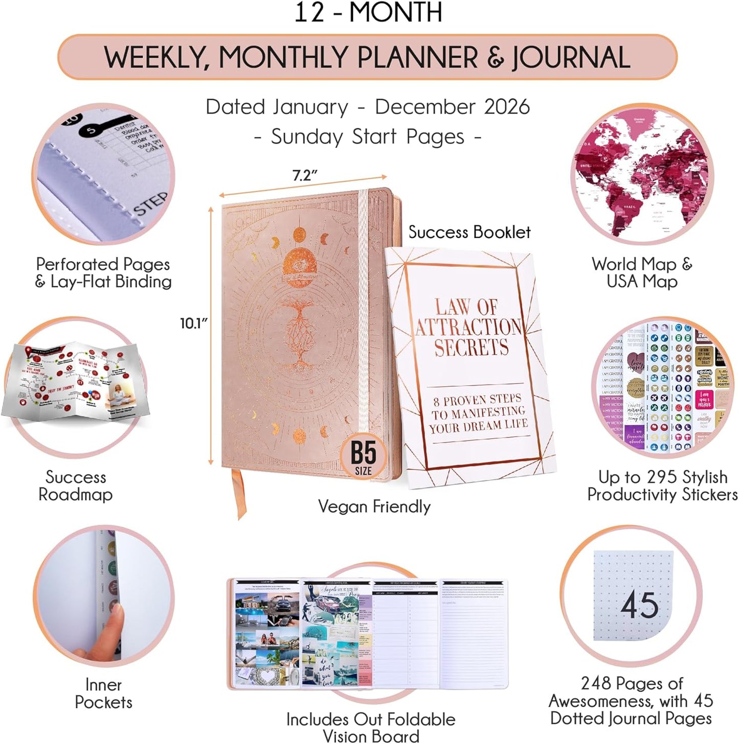 2026 Planner Weekly and Monthly | Law of Attraction Planner with Panduo App | A 12 Month Journey for Productivity, Gratitude & Goal Setting | Includes Foldable Vision Board, Gift Box & Stickers