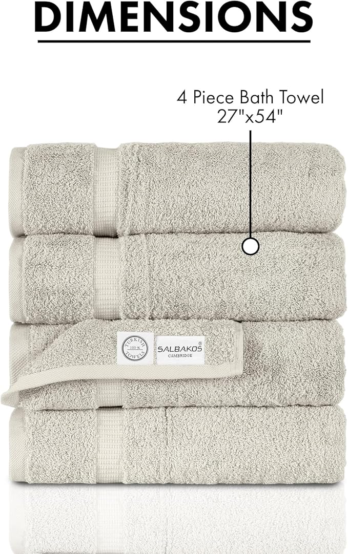 SALBAKOS 100% Turkish Cotton Bath Towel Set of 4 27x54 inch | Heirloom Quality | Hotel & Spa Collection | Ultra Soft, Super Absorbent, Long Lasting Bath Towels | Made in Turkey (Stone, 4 Bath Towels)