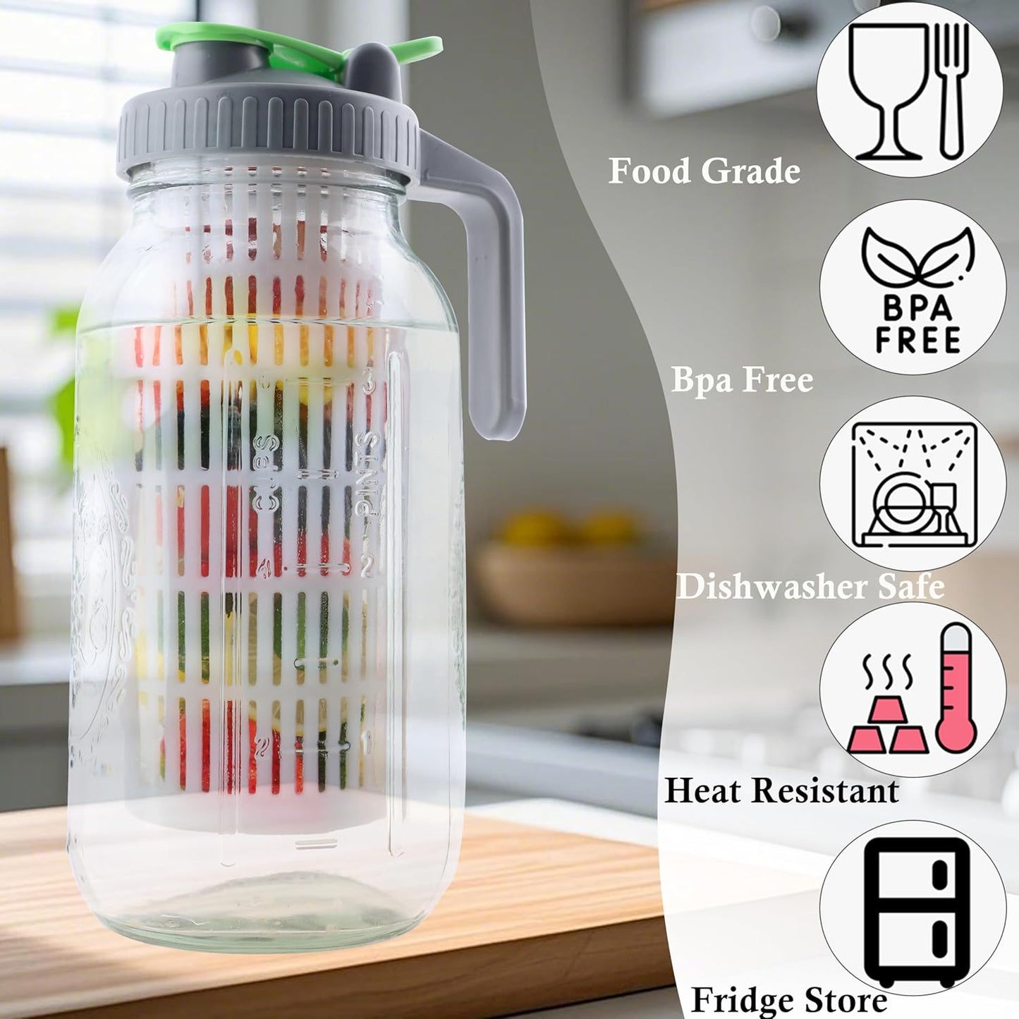2 Quart Glass Mason Jar Water Pitcher With Fruit Infuser 64 Oz Wide Mouth Infused Cold Hot Water Jug Carafe With Lid Half Gallon For Coffee Sun Tea Lemonade Juice Homemade Drinks Container