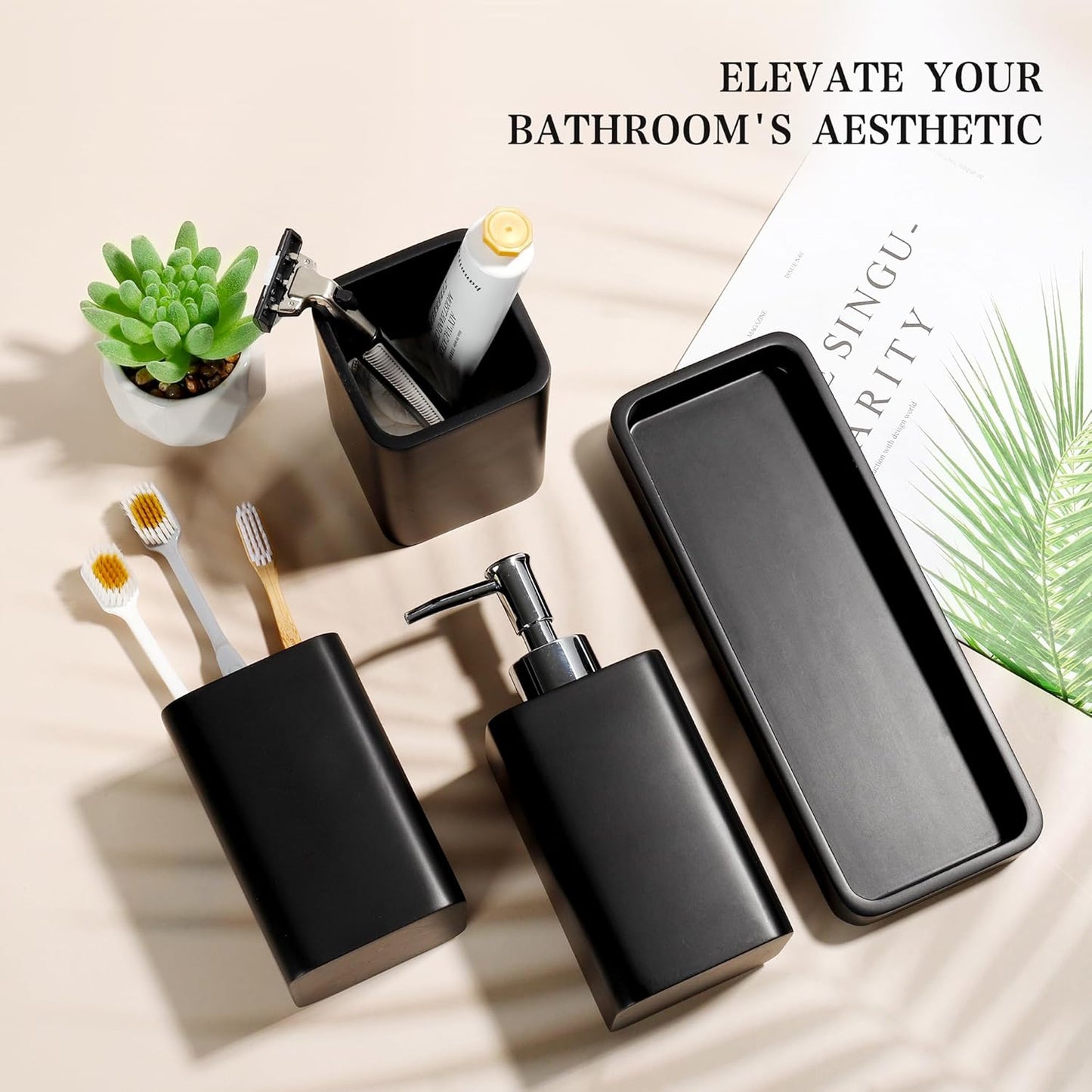 Bathroom Accessories Set, 4 Pcs Bathroom Accessory Set, Soap Dispenser, Toothbrush Holder, Qtip Holder Set, Bathroom Sets Complete, Bathroom Sink Set for Modern Home Decor, Black
