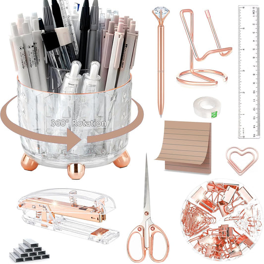 Rose Gold Desk Accessories, Office Supplies Desk Organizers 360°Pen Holder Acrylic Stapler Set, Phone Holder, Ballpoint Pen, Scissor, Binder Clips, Ruler, Transparent Glue, Sticky Note and Staples.
