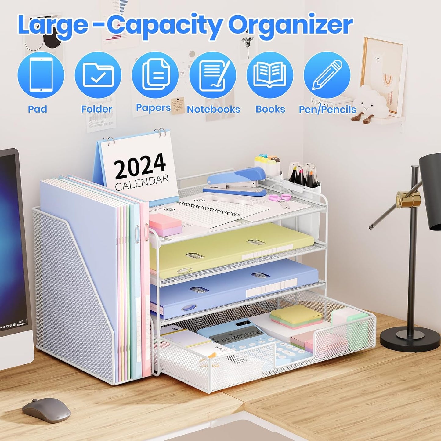 Desk Organizer and Accessories, 4-Tier Desktop File Organizer with Drawer and 2 Pen Holders, Office Desk Accessories, File Sorters, Workspace Organizers for Office Supplies(White)