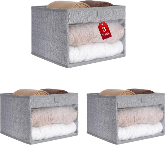WUIKE Closet Storage Bins, Medium Storage Boxes with Clear Window, Fabric Storage Baskets for Organizing Clothes, Sheets, Blankets, Decorative Storage Bins, Herringbone Gray