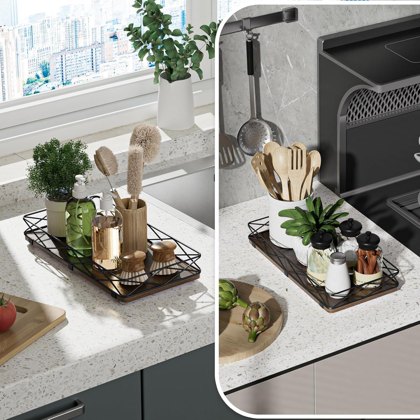 Toilet Paper Basket Holder, 13" Bathroom Tray Countertop, Wood and Metal Toilet Tank Tray Bathroom Vanity Organizer for Toiletry, Kitchen Sink Organizer for Soap Dispenser (Brown+Black)