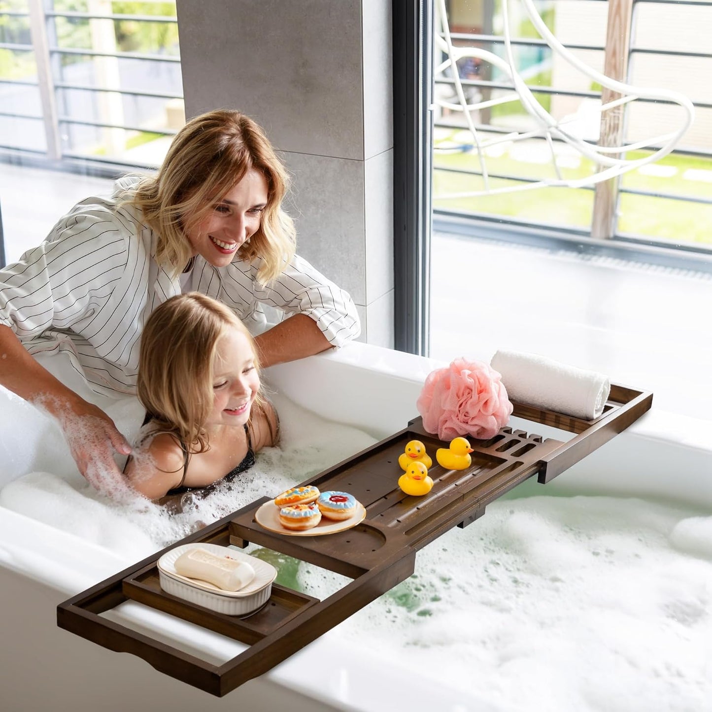 Wood Bathtub Tray Table - Foldable Bath Tray for Tub with Expandable Handles, Wine Glass & Phone Holder, Book Stand - Enhance Home Spa Experience with Natural TeakMaterial, Walnut