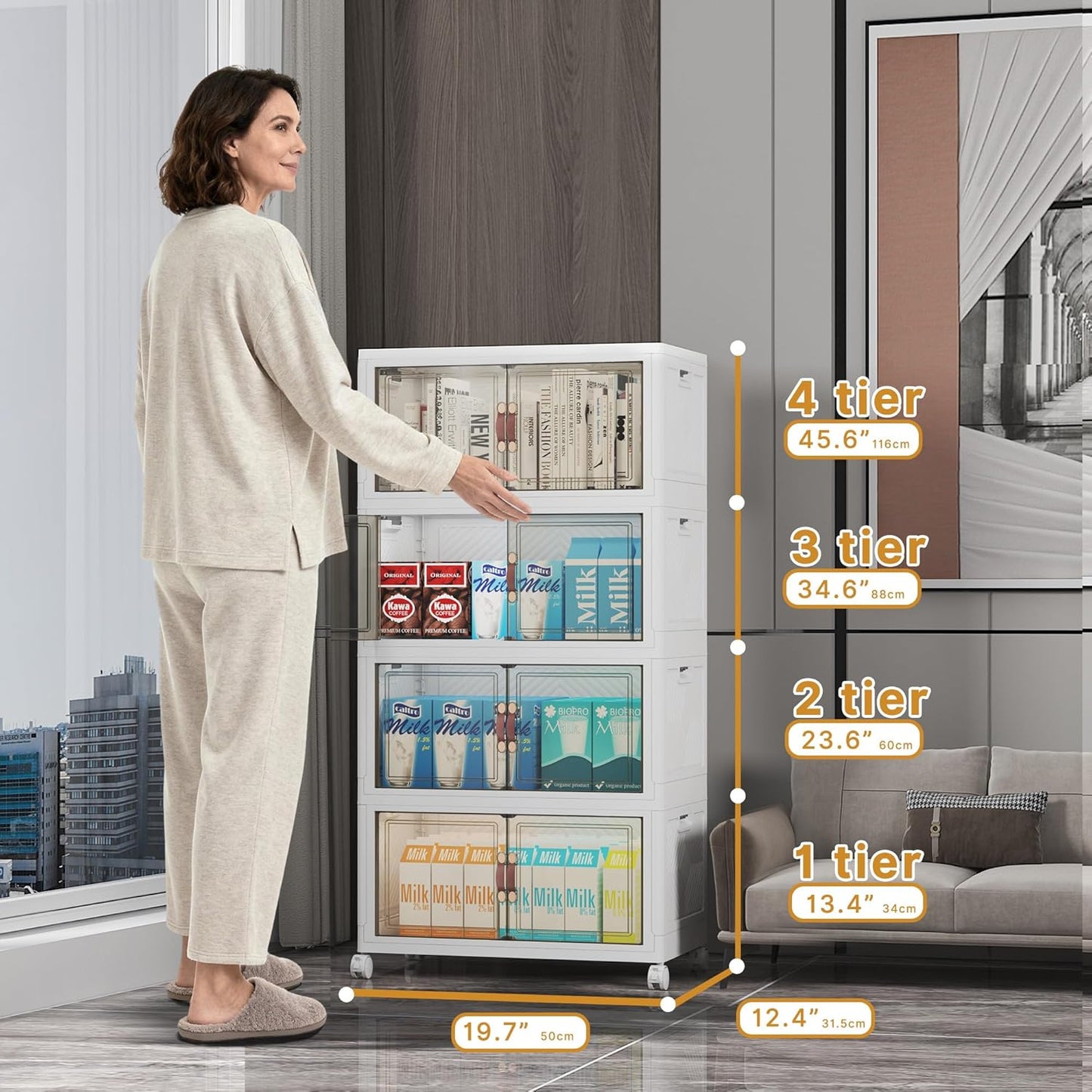 Extra Large Stackable Storage Bins with Lids & Wheels & Door, 208QT-52QT/13GAL*4Pack Foldable Collapsible Closet Organizers, Plastic containers drawers for bedroom Dorm