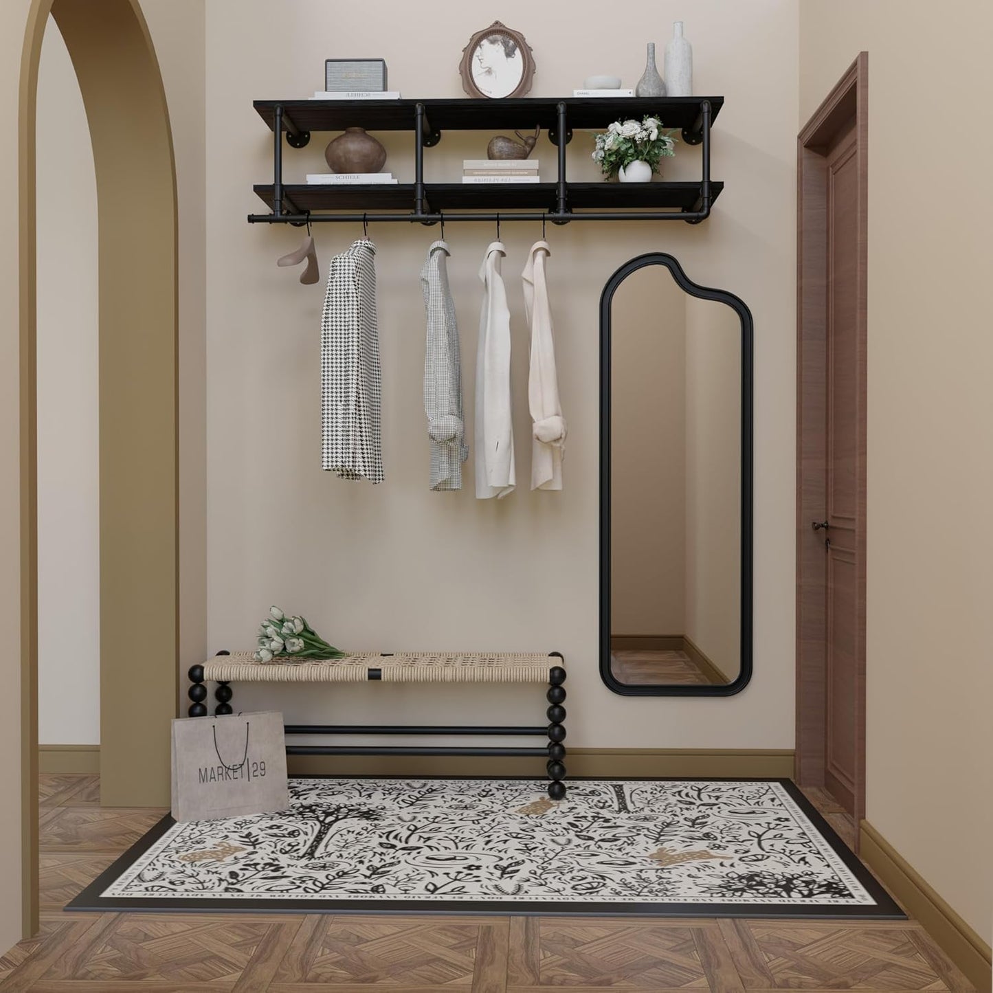 Wall Mounted Clothes Rack 12 Inch Deep, 60 Inch Heavy Duty Garment Rack with Real Black Wood Shelf, Multi-Purpose Hanging Rod & Space-Saving Closet Storage Organizer