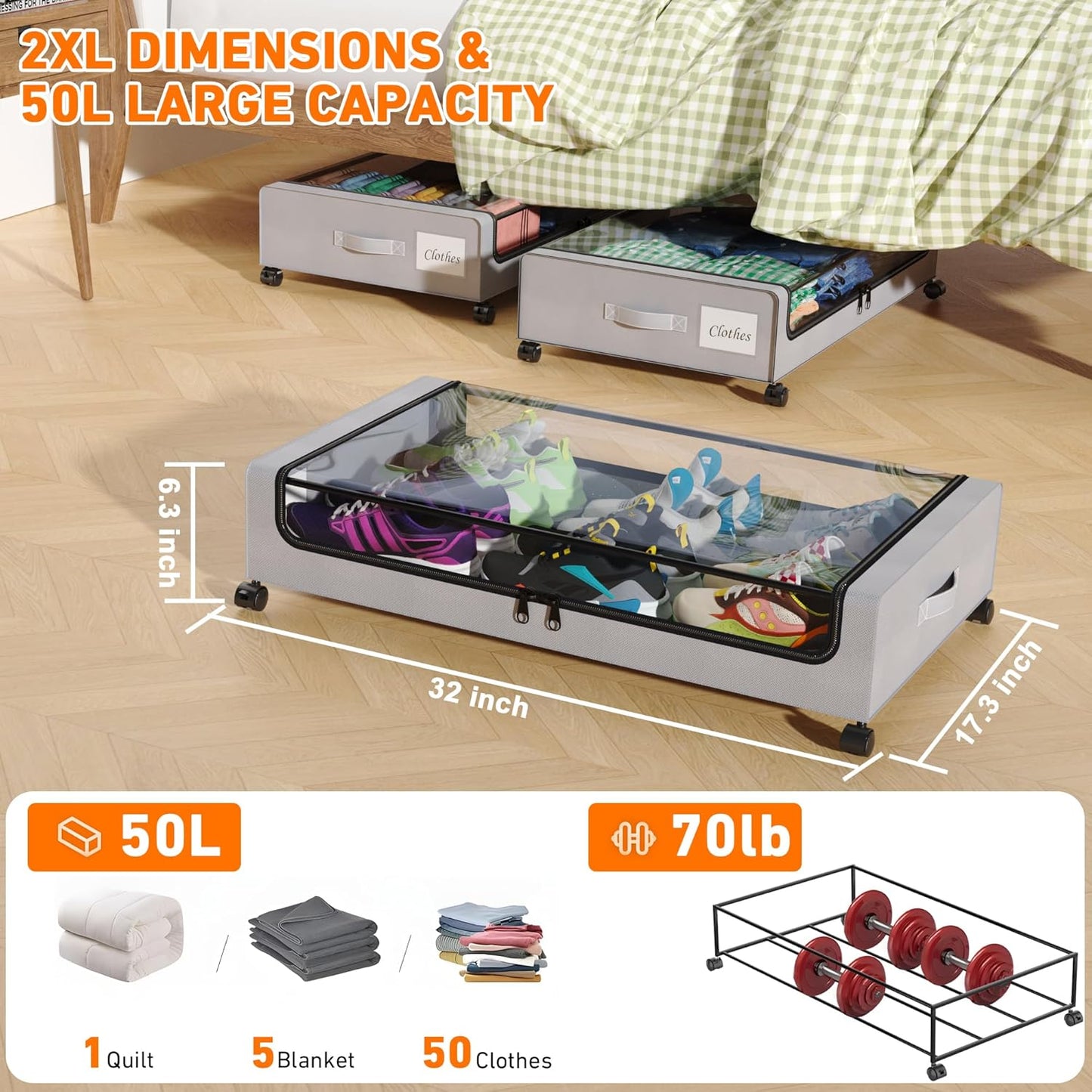Under Bed Storage with Wheels, 2 Pack Under Bed Storage Containers with Dividers & Clear Lids, XXL 65L Under the bed storage Organizer Bins, Underbed Storage with Wheels for Clothes (Gray, 2 Pack)
